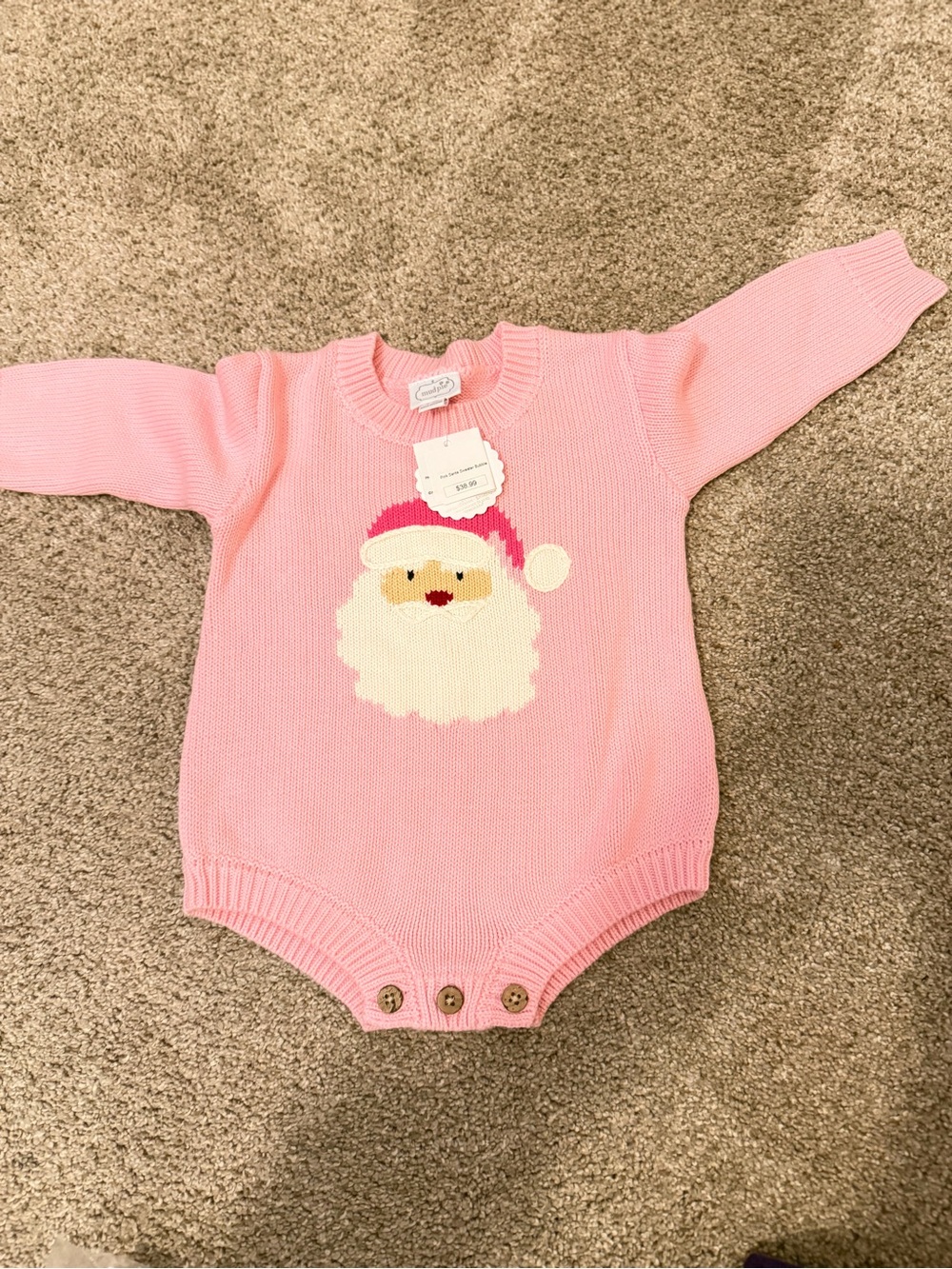 Mud Pie Pink Knit Santa One-Piece Bodysuit